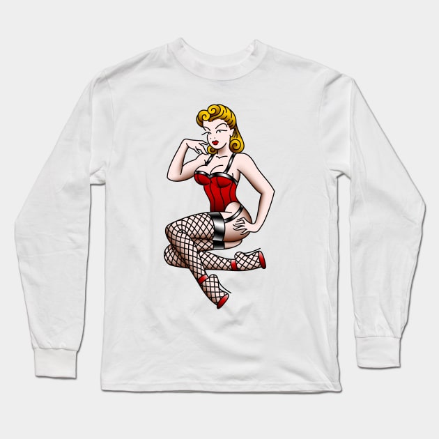 American Traditional Victory Rolls pin-up Long Sleeve T-Shirt by OldSalt